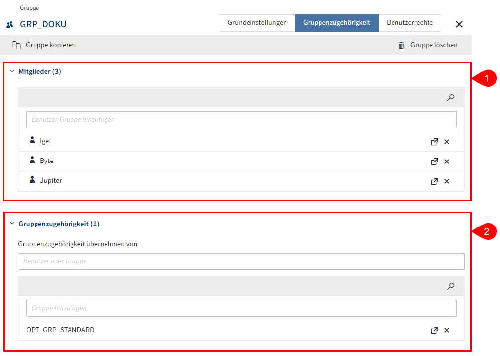 Übersicht der Konfigurationsmöglichkeiten im Tab 'Gruppenzugehörigkeit'
