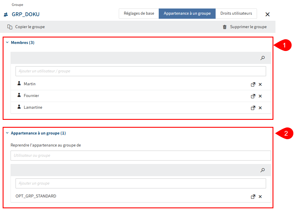 Aperçu des possibilités de configuration dans l'onglet 'Appartenance au groupe'