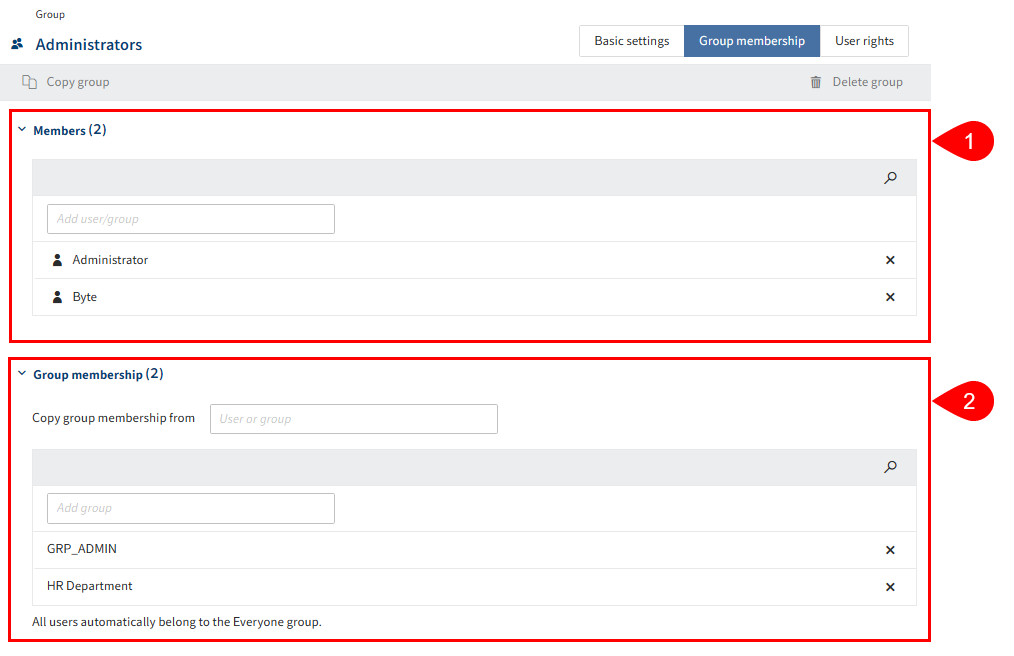 Overview of configuration options in the 'Group membership' tab