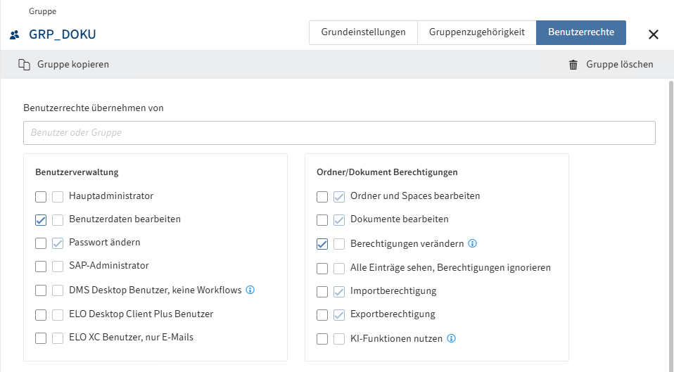 Übersicht der Konfigurationsmöglichkeiten im Tab 'Benutzerrechte'