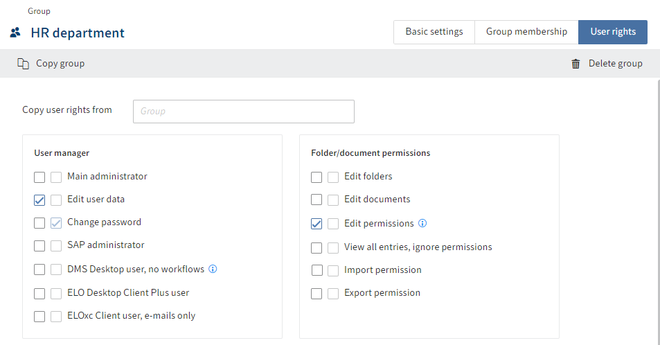 Overview of configuration options in the 'User rights' tab