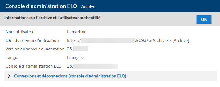 Page 'Informations sur l'archive et l'utilisateur authentifié'