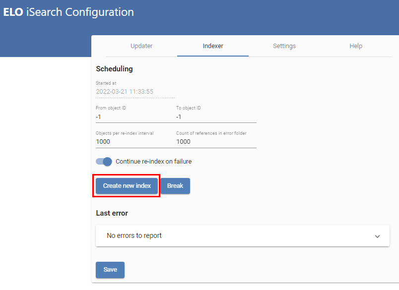 ELO iSearch Configuration; bouton 'Create new index'
