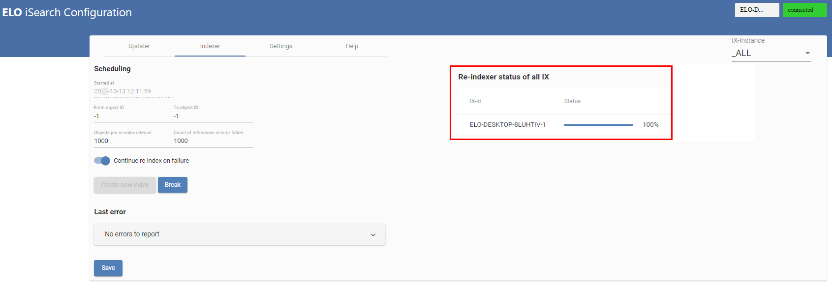 ELO iSearch configuration; Status of reindexing