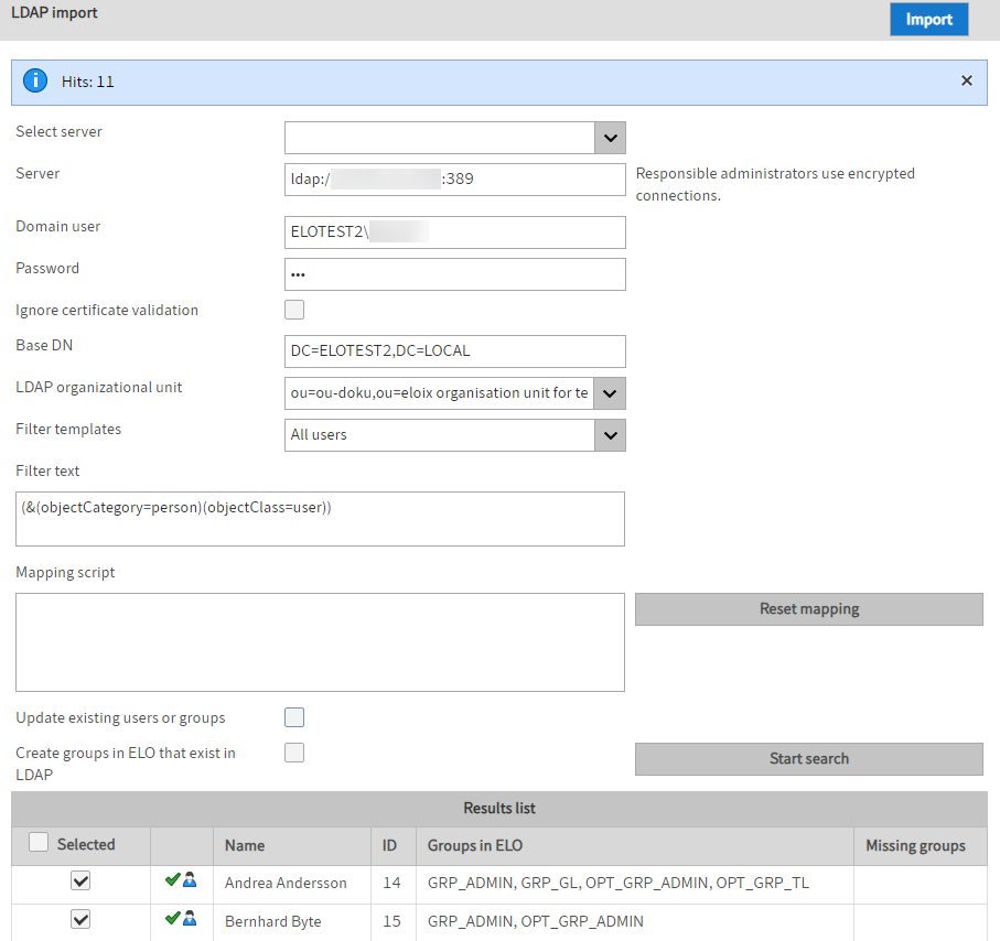 Overview of the 'LDAP import' area of the ELO Administration Console