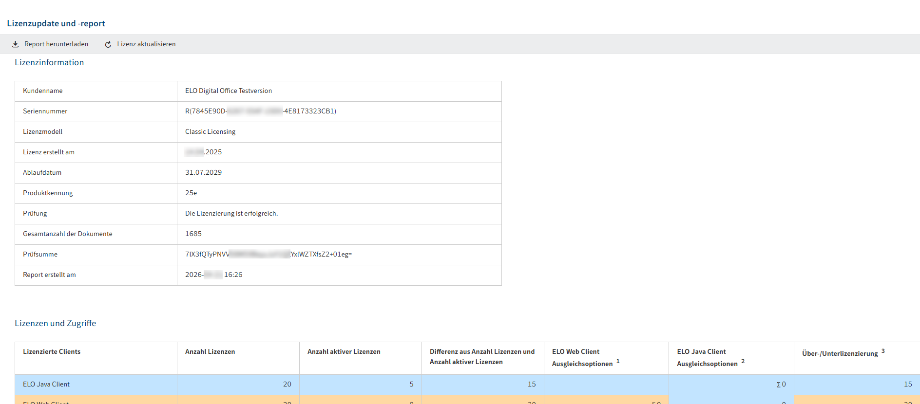 Bereich 'Lizenzupdate und -report'
