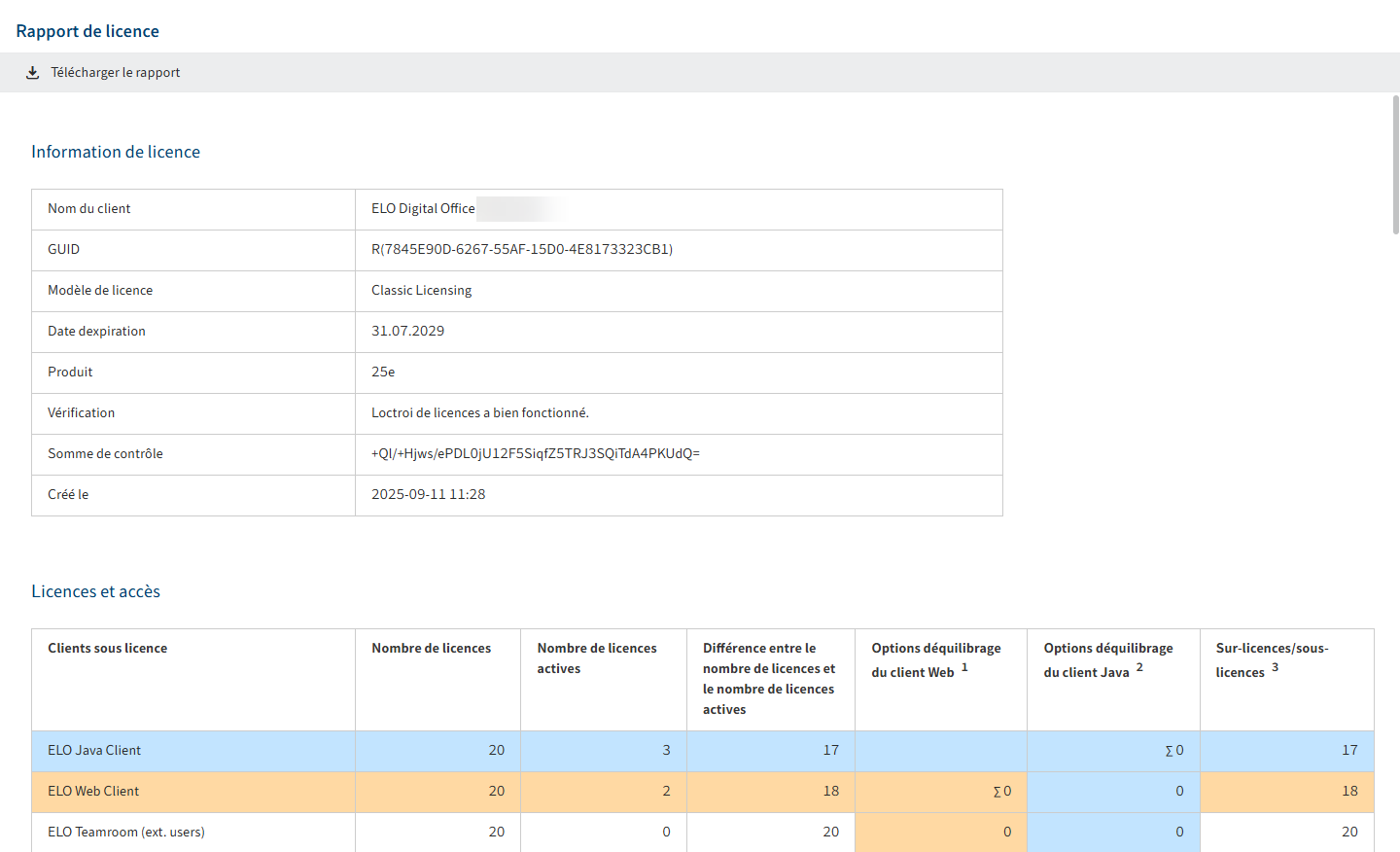 Section 'Informations relatives à la licence'