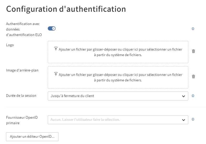 Page de configuration ELO Modern Authentication, section 'Login Config'