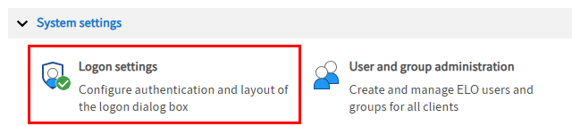 ELO Administration Console; 'System settings' group; 'Logon settings' menu item