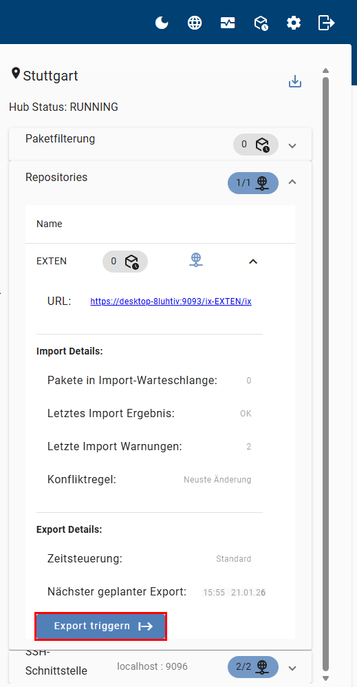 Button 'Export triggern'