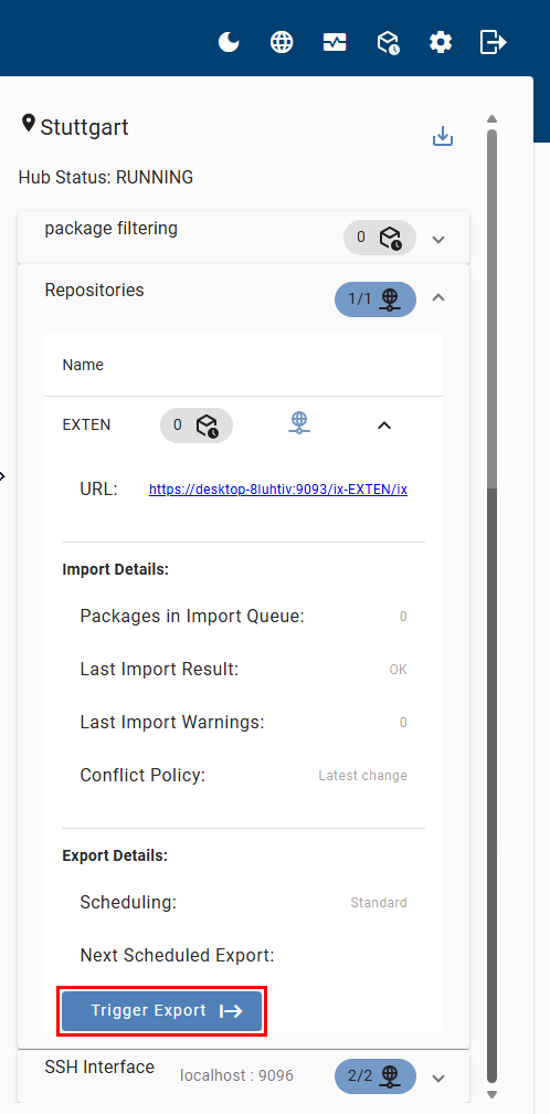 'Trigger export' button