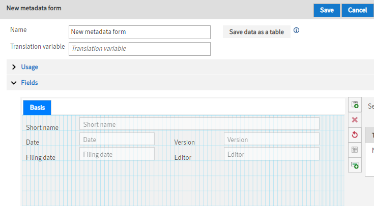 'New metadata form' dialog box