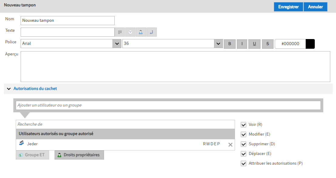 Section 'Nouveau tampon texte'