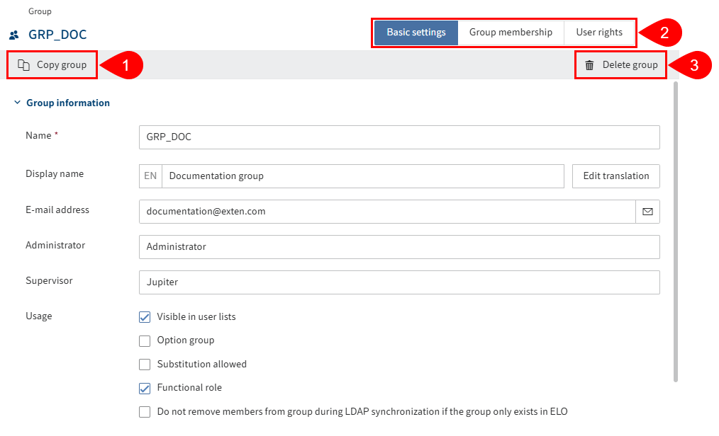 'Group' detailed view in the ELO Administration Console