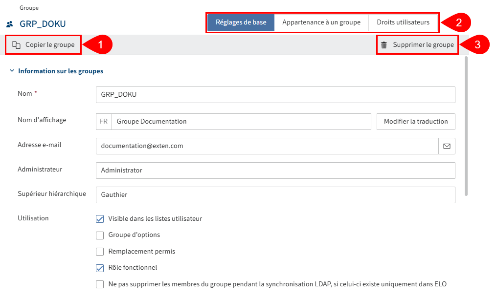 Affichage de détails 'Groupe' dans la console d'administration ELO