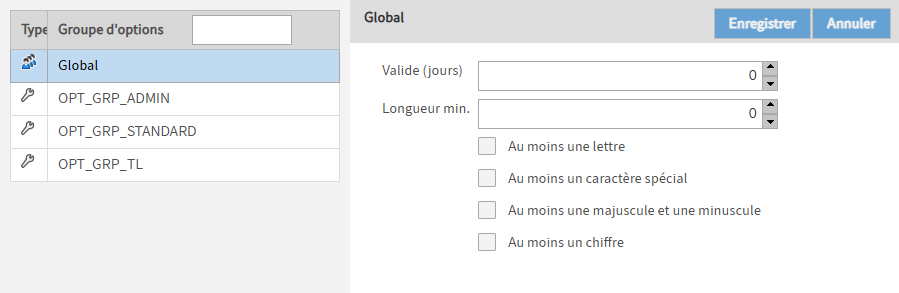 Section 'Règles pour les mots de passe'