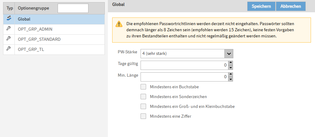 Menüpunkt 'Passwortregeln'