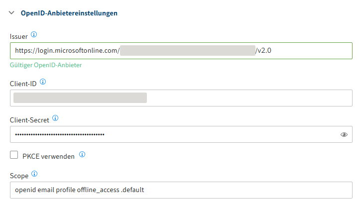 ELO Modern Authentication Konfigurationsseite; Konfigurationsbereich für Microsoft; Feld 'Client secret'