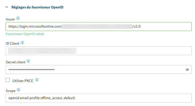 Page de configuration pour ELO Modern Authentication; section de configuration pour Microsoft; champ 'Client secret'