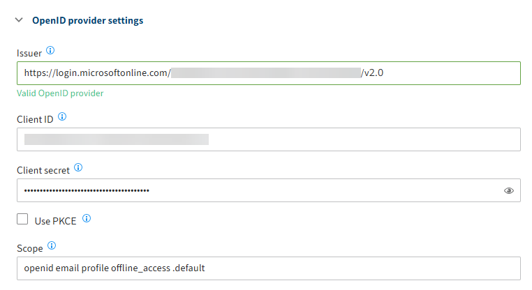 ELO Modern Authentication configuration page; configuration area for Microsoft; 'Client secret' field