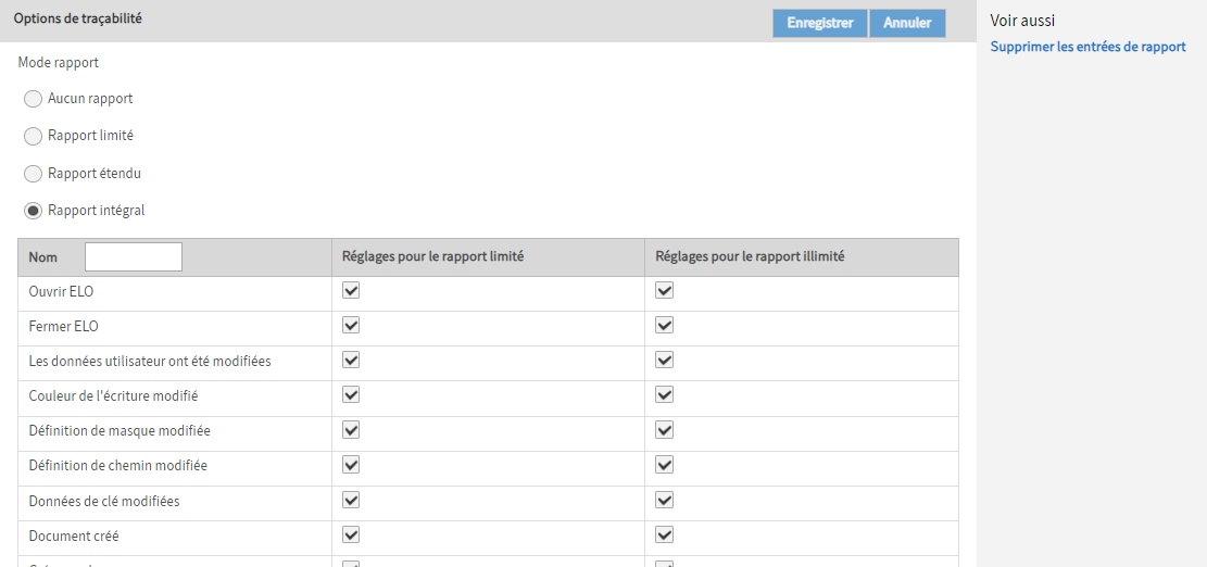 Section 'Options de rapport'