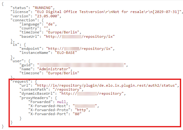 Statusseite von ELO Modern Authentication; Informationen zum Eintrag 'request'
