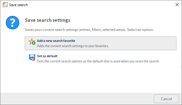'Save search' dialog box; 'Add new favorite'