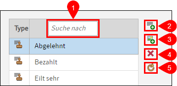Feld 'Suche nach' und Buttons zum Erstellen/Löschen von Stempeln