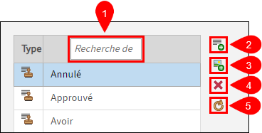 Champ 'Recherche de' et boutons pour créer/supprimer des cachets
