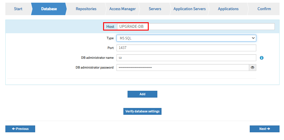 ELO Server Setup; indication d'une instance de base de données distincte dans Upgrade Index