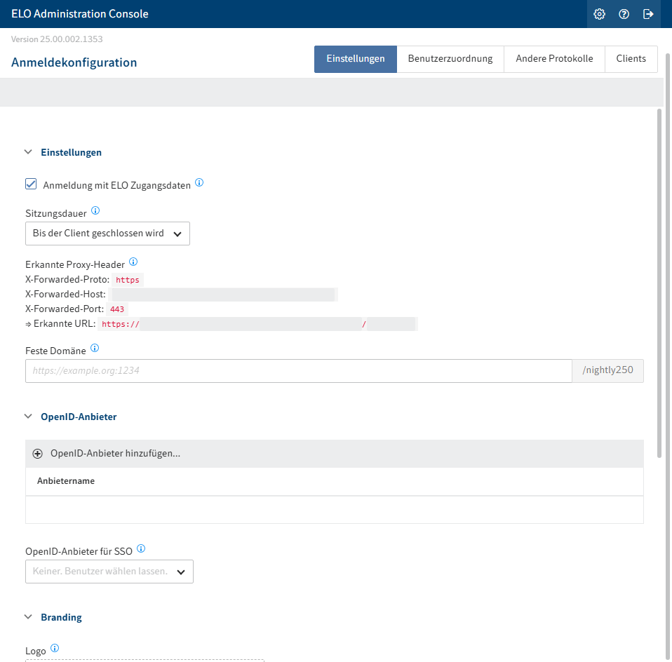 Konfigurationsseite ELO Modern Authentication; Bereich 'Anmeldekonfiguration' mit mehreren Feldern
