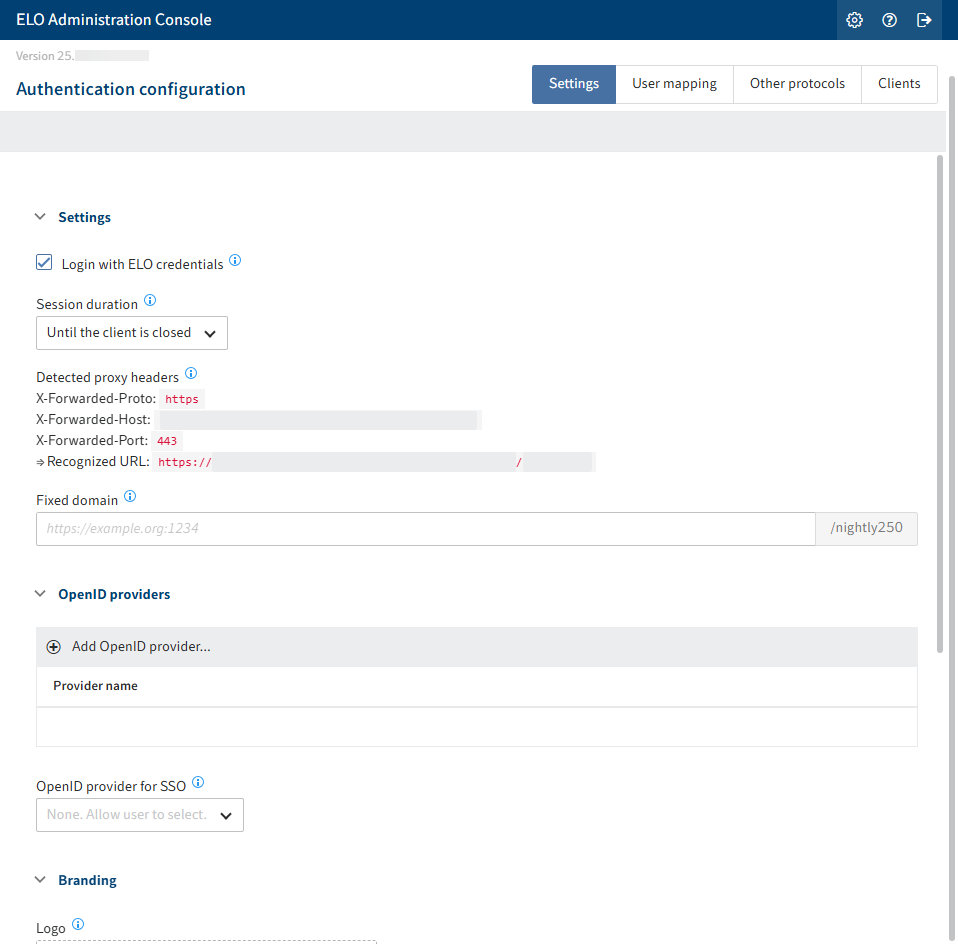 ELO Modern Authentication configuration page, 'Login Config' area with multiple fields