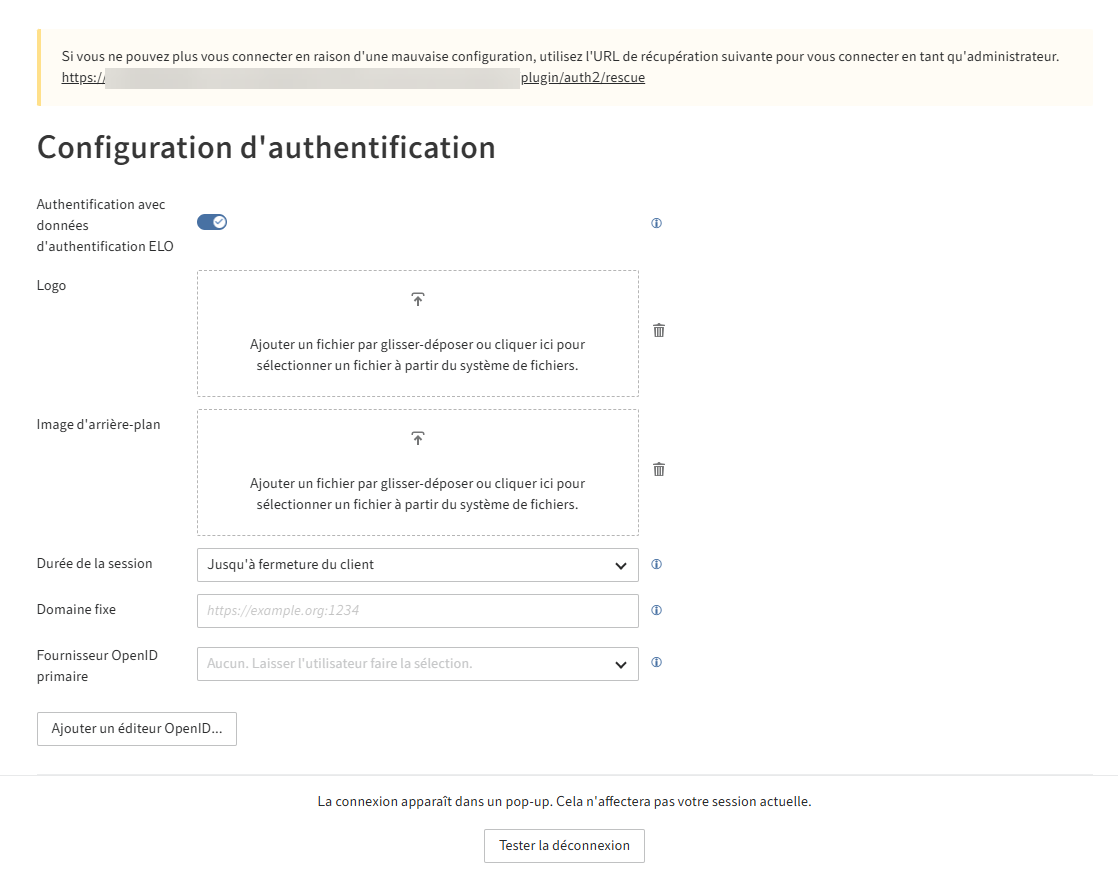 Page pour la configuration de ELO Modern Authentification