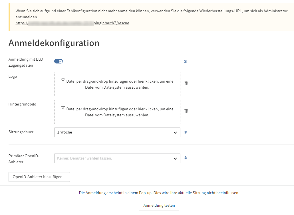 Seite für die Konfiguration von ELO Modern Authentication