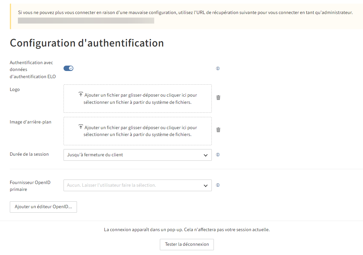 Page pour la configuration de ELO Modern Authentification