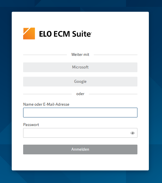 ELO Anmeldedialog mit ELO Modern Authentication: Button für die Anmeldung mit Microsoft sowie Felder für Benutzername und Passwort für die Anmeldung in ELO