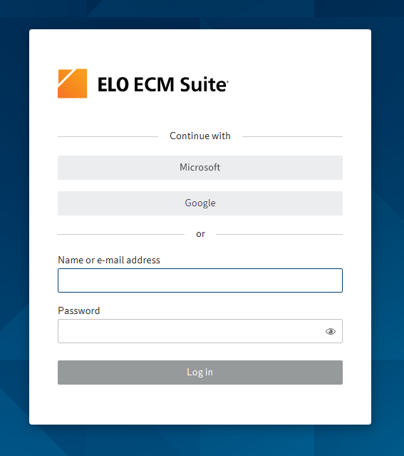 ELO logon dialog box with ELO Modern Authentication: Button for authentication with Microsoft and fields for user name and password for authentication in ELO