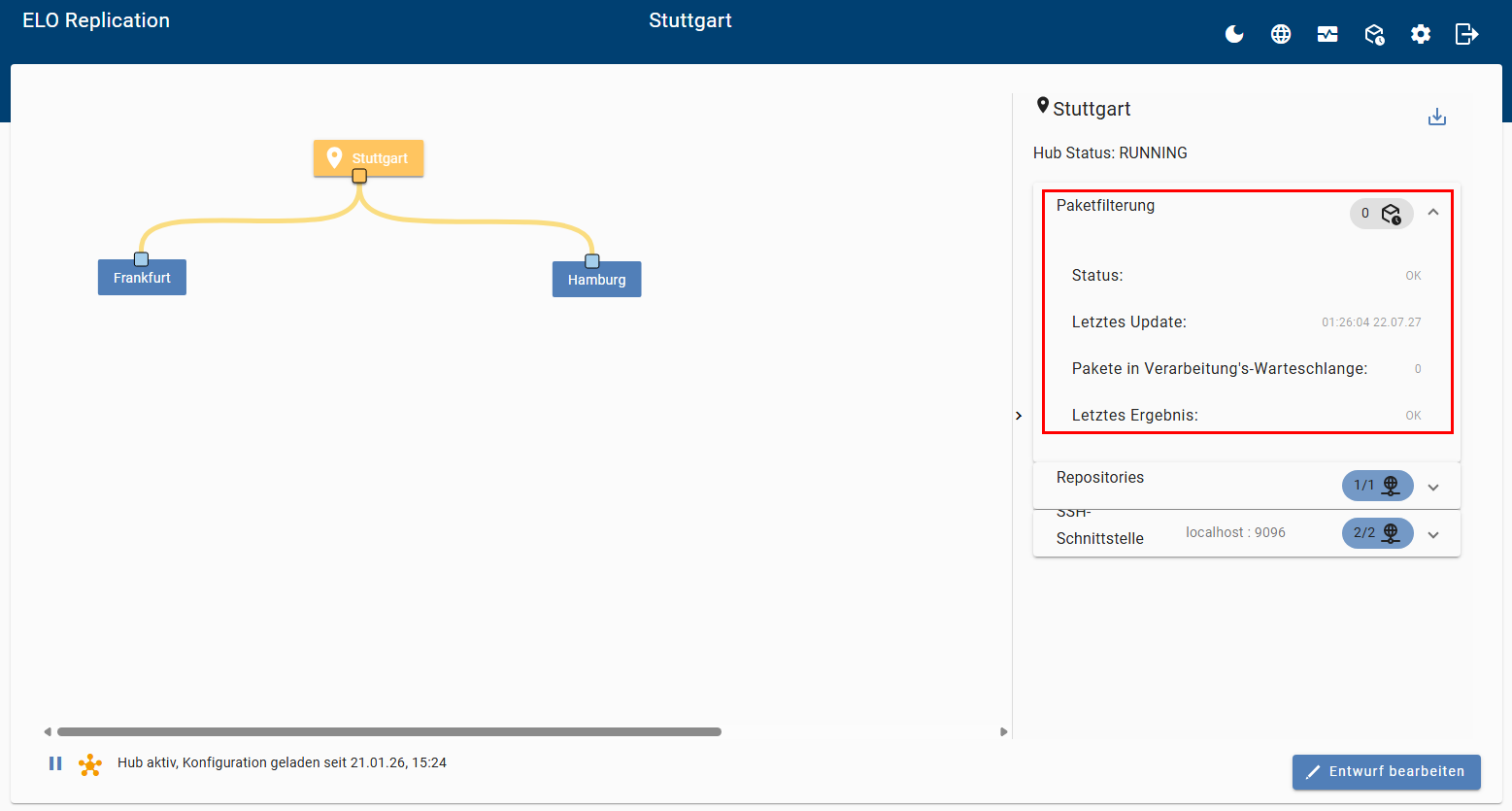 Übersichtsseite des Standorts; Paketfilterung