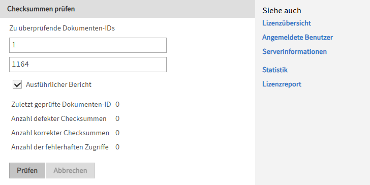 Bereich 'Checksummen prüfen'