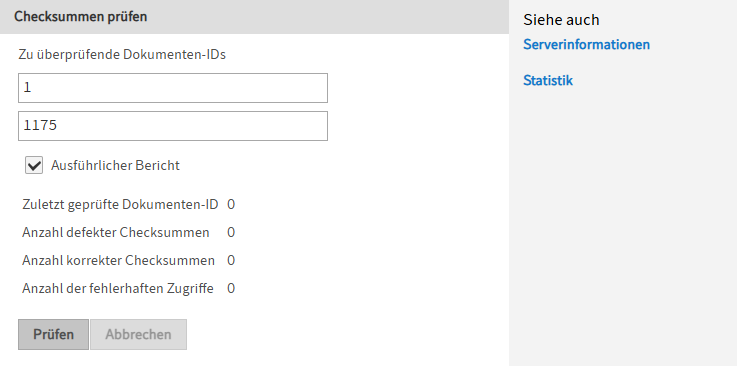 Bereich 'Checksummen prüfen'