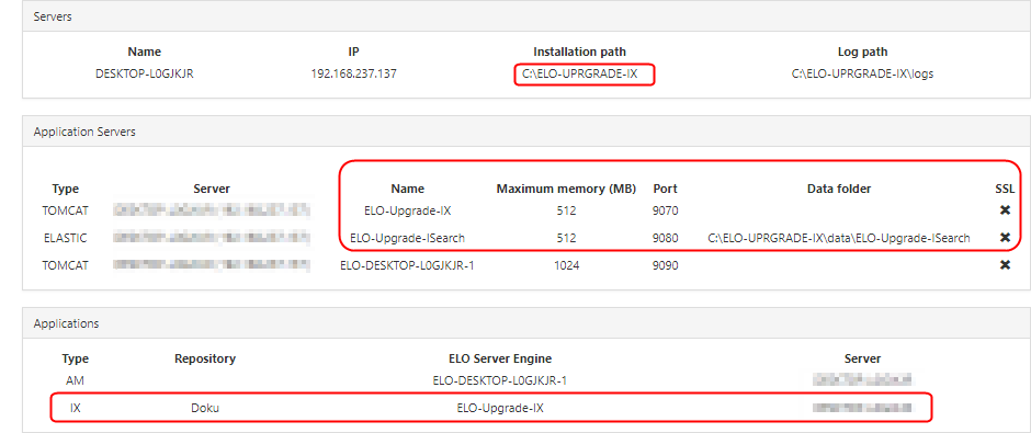 ELO Server Setup; chemins d'installation et de document pour Upgrade Index