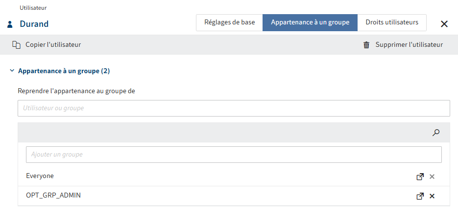 Aperçu des possibilités de configuration dans l'onglet 'Appartenance au groupe'