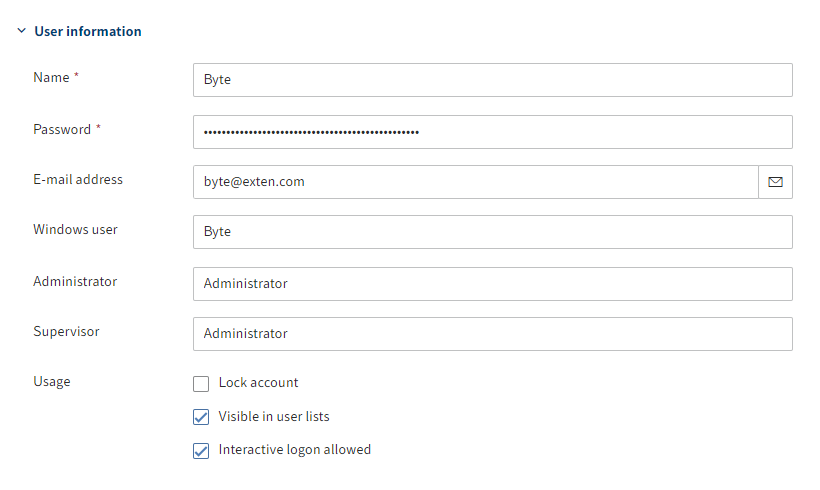 'User information' area on the 'Basic settings' tab for users