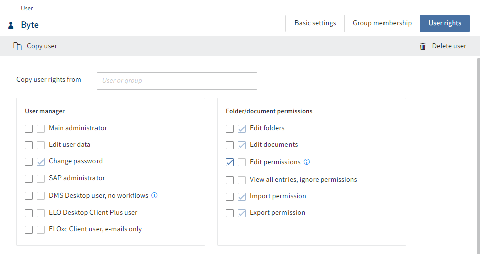 Overview of configuration options in the 'User rights' tab