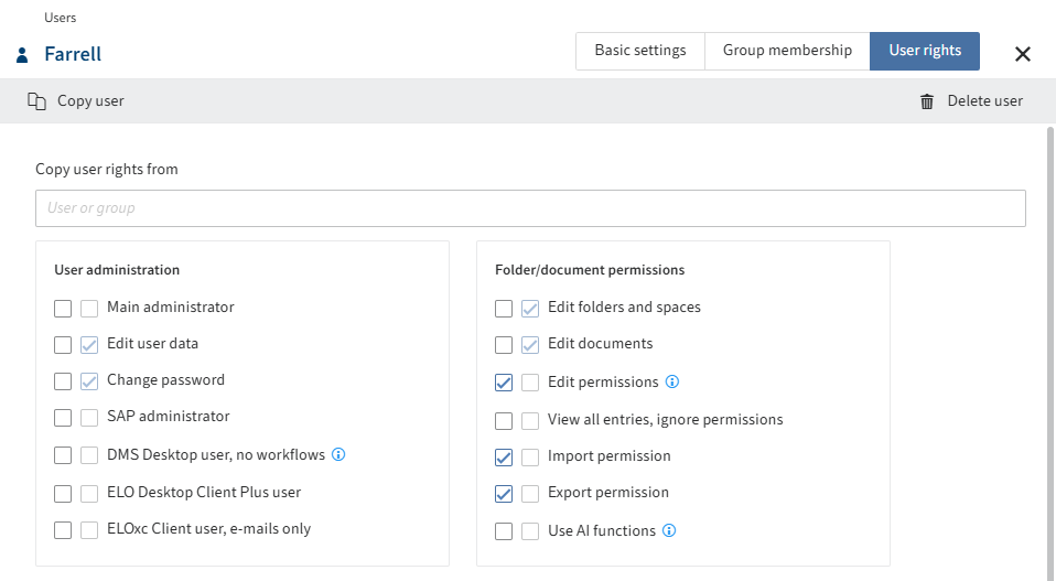 Overview of configuration options in the 'User rights' tab
