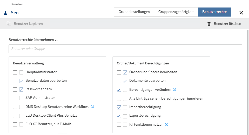 Übersicht der Konfigurationsmöglichkeiten im Tab 'Benutzerrechte'