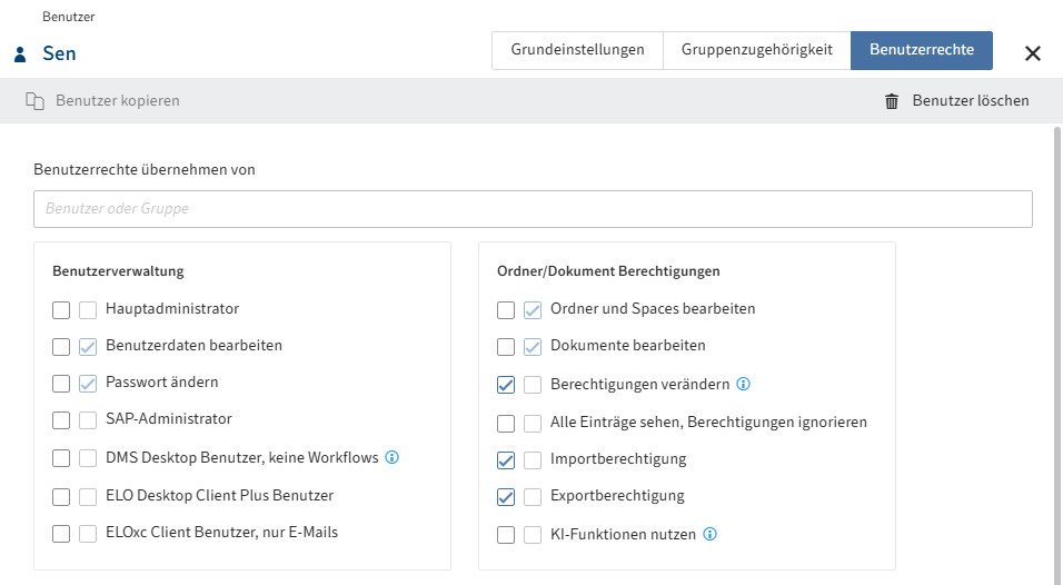 Übersicht der Konfigurationsmöglichkeiten im Tab 'Benutzerrechte'