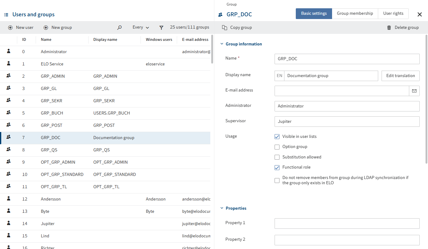 'Group administration' area
