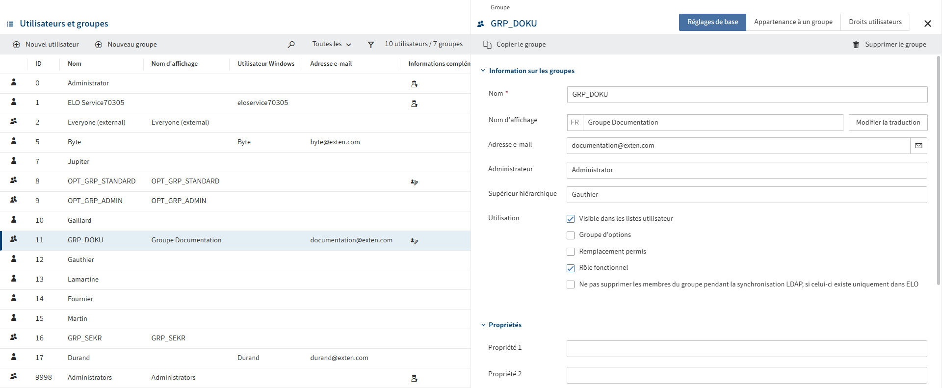Section 'Gestion des groupes'