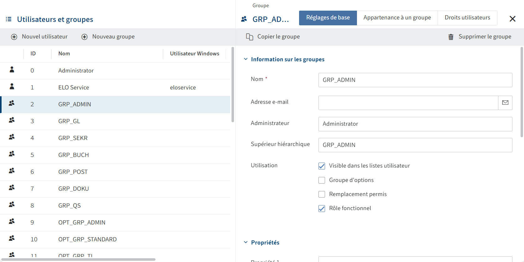 Section 'Gestion des groupes'